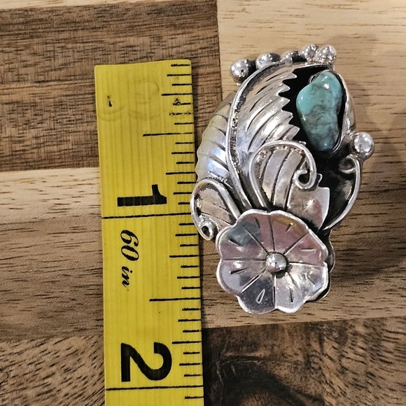 Vintage Sterling Mexico Sterling Turquoise Floral Large Clip-On Earrings - Picture 2 of 8